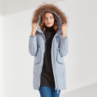 冬季女款时尚连帽大毛领宽松保暖中长款羽绒服