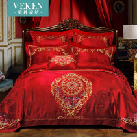 维科家纺 欧式婚庆提花十件套大红刺绣套件婚庆床品
