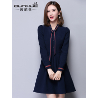 欧昵雪秋装新款韩版气质淑女百褶连衣裙纯色系带女装长袖短裙R