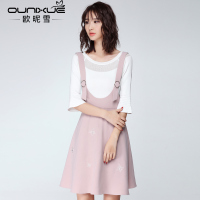 欧昵雪夏装新款粉色中腰背带裙甜美绣花连衣裙气质无袖吊带裙X