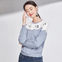 欧昵雪秋冬季新款碎花绣花拼接撞色圆领套头毛衣女短款宽松长袖q