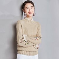 欧昵雪秋冬季新款绣花长袖宽松休闲半高领套头毛衣女厚针织衫q