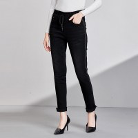 欧昵雪 秋冬季抽绳韩版显瘦修身黑色长裤小脚牛仔裤女