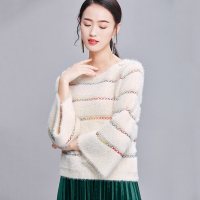 欧昵雪秋冬季新款条纹七分袖圆领套头毛衣女喇叭袖针织衫q