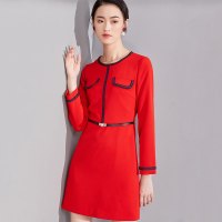 欧昵雪 秋OL名媛小香风圆领撞色系带高腰连衣裙女九分袖q