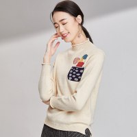 欧昵雪秋冬季新款趣味图案口袋半高领套头宽松针织毛衣女长袖q