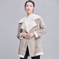 欧昵雪秋冬季新款翻领加绒加厚斜边拉链麂皮绒外套女中长款q