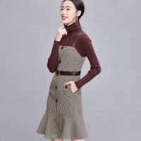 欧昵雪秋冬季新款单排扣千鸟格带抹胸连衣裙女鱼尾裙q