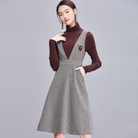 欧昵雪 秋冬季V领高腰修身无袖呢子背带连衣裙女A字裙q