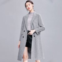 欧昵雪秋冬季新款双排扣修身千鸟格西毛呢外套女中长款大衣q