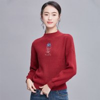 欧昵雪 秋冬季落肩袖绣花半高领套头毛衣女宽松长袖针织衫q