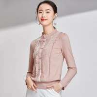 欧昵雪 秋冬季波浪边立领条纹撞色拼接蝴蝶结短款毛衣女长袖q