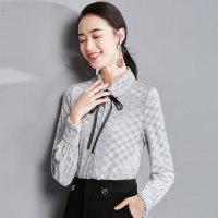 欧昵雪 秋冬季钉珠系带蝴蝶结丝绒格子衬衫女长袖衬衣q