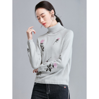 欧昵雪秋冬季新款绣花宽松显瘦高领毛衣女短款长袖针织衫q