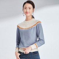 欧昵雪秋冬季新款撞色波浪纹拼接宽松圆领套头毛衣女长袖针织衫q