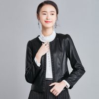 欧昵雪秋冬季新款泡泡袖收腰显瘦短款机车皮衣外套女长袖夹克d