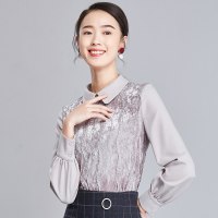 欧昵雪 秋冬季套头娃娃领衬衫女长袖花边拼接上衣丝绒衬衣d