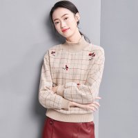 欧昵雪 秋冬季绣花格子半高领套头呢子卫衣女宽松长袖d