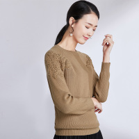 欧昵雪 通勤圆领套头盘花插肩袖修身短款毛衣女针织衫d