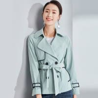 欧昵雪 春秋季女高腰系带双排扣修身短款风衣外套女长袖c