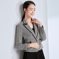 欧昵雪春秋季通勤OL气质格子西女短款长袖休闲西服短外套c