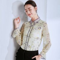 欧昵雪春秋季纱拼接翻领衬衫女喇叭袖碎花雪纺衫衬衣长袖c