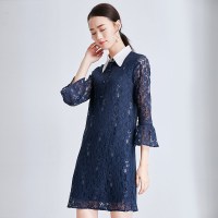 欧昵雪春秋季Polo领拼接喇叭七分袖镂空蕾丝连衣裙女A字裙c