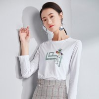 欧昵雪春秋季织带花鸟贴布印花T恤女白色九分袖打底衫上衣c