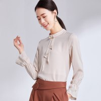 欧昵雪春秋季喇叭袖飘带立领套头上衣女长袖洋气时尚小衫c