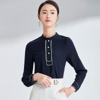 欧昵雪春秋季圆领波浪边纽扣饰OL气质套头衬衫女长袖衬衣c