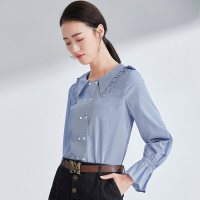 欧昵雪春秋季木耳边拼接海军领衬衫女长袖喇叭袖条纹衬衣c