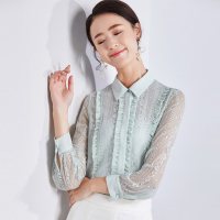 欧昵雪春秋季蕾丝衬衫拼接木耳边镂空蕾丝衫上衣女长袖c