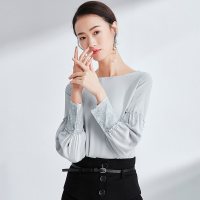 欧昵雪春秋季木耳花边拼接长袖宽松洋气时尚小衫女圆领上衣c
