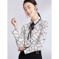 欧昵雪春秋季蝴蝶结系带翻领衬衫女长袖波普风格纹花色衬衣c