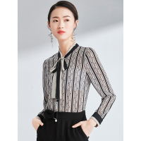 欧昵雪春秋季蝴蝶结系带立领条纹衬衫女长袖花衬衣气质上衣c