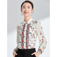 欧昵雪春秋季波普风几何图案花色翻领衬衫女长袖上衣ol衬衣c