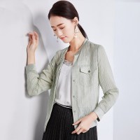 欧昵雪双口袋立领修身薄款小个子短款夹克外套女长袖c