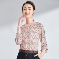 欧昵雪春秋季螺纹拼接圆领套头雪纺上衣女打底长袖花色T恤c