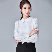 欧昵雪春秋季装Polo领套头衬衣褶皱花瓣袖上衣女印花长袖衬衫