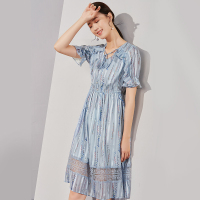 欧昵雪海边度假荷叶边短袖高腰蕾丝拼接碎花雪纺连衣裙女沙滩裙夏