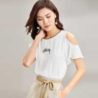 欧昵雪字母绣花荷叶袖露肩宽松圆领白色短袖T恤女上衣夏