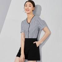 欧昵雪夏季镂空花边V领短袖宽松休闲阔腿短裤女连体裤