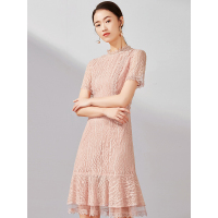 欧昵雪夏季修身高腰气质纱拼接鱼尾裙蕾丝连衣裙女短袖