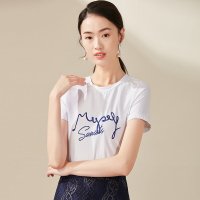 欧昵雪夏季创意字母绣花白色圆领棉质T恤女短袖休闲上衣