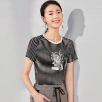 欧昵雪夏季撞色圆领花卉条纹宽松短袖T恤女简约显瘦上衣