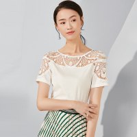 欧昵雪夏季蕾丝拼接镂空性感修身韩版圆领T恤女短袖上衣