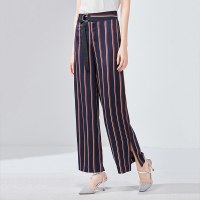 欧昵雪夏季系带高腰开叉条纹直筒垂坠感阔腿裤女休闲长裤