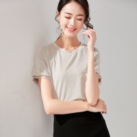 欧昵雪夏季圆领拼接珍珠织带短袖亮丝T恤女宽松套头上衣