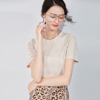 欧昵雪夏季简约韩版手工钉珠短袖圆领宽松T恤女显瘦上衣