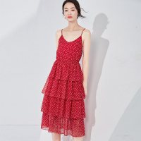 欧昵雪夏季高腰中长款过膝蛋糕裙女无袖雪纺吊带裙连衣裙